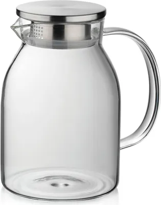 A clear glass pitcher with a stainless steel lid and handle, presented on a white background.