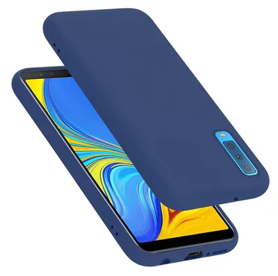 A blue phone case is shown on a white background, with a phone inside it.