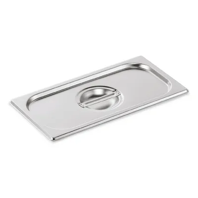 A stainless steel food pan lid with a handle is shown at an angle.