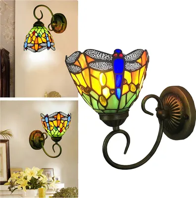 Zdjęcie produktu dla Witrażowa lampa ścienna w stylu retro z ważką, gniazdo E27