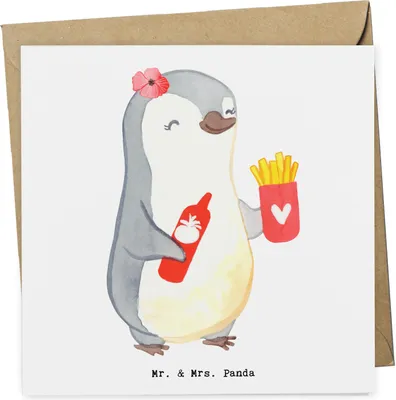 Produktbild von Mr. & Mrs. Panda Grußkarte Imbissverkäuferin Herz - Weiß - Geschenk, Glückwunschkarte, Klappkarte, Pommes mit Ketchup, Pommesliebe, Imbissbesitzerin, doppelkarte