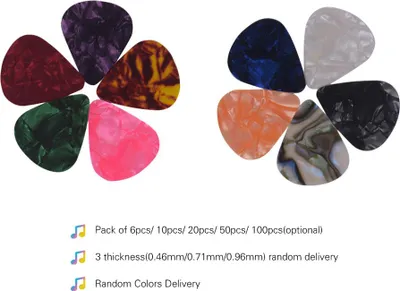 Obrázek produktu pro 100ks/balení Barevné celuloidové kytarové trsátko pro baskytaru Elektrické akustické kytary (barvy a tloušťka 0,46 mm/0,71 mm/0,96 mm Náhodné dodání)
