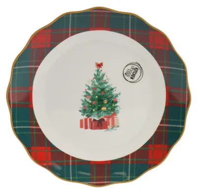 Runder Teller mit rot grünem Karomuster am Rand und klassischem Weihnachtsdesign.