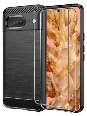 Produktbild von 2in1 Schutz Cover Set für das Google Pixel 8a besteht aus 2x 9H Glas Folie Display Schutzfolie und 1x Silikon Case Schutzhülle - Hülle in Schwarz