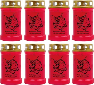 Produktbild von Grabkerze Rot 8er Pack, Brenndauer: 40 Stunden ( je Kerze ), Motiv: Katze 1
