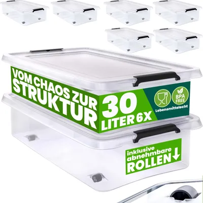 Produktbild von DEUBA® Aufbewahrungsboxen 6 x 30l mit Deckel und Rollen, stapelbar, transparent Kunststoff BPA-frei Klickverschluss, RB60 für Büro, Garage, Waschraum