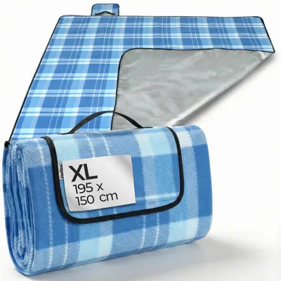 Obrázek produktu pro DETEX® pikniková deka kempingová deka XL 195x150 cm voděodolná tepelně izolovaná pratelná fleecová skládací pro 2-4 osoby zahradní plážová deka modrá/bílá