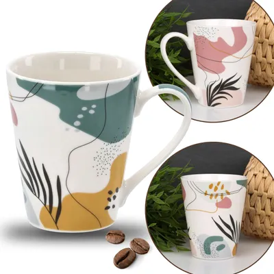 Produktbild von Tasse aus weißem Porzellan mit bunten Blättern 380ml