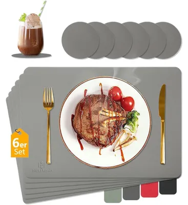 Image de Sets de table lavables, résistants à la chaleur, en similicuir, gris clair, lot de 6 avec 6 sous-verres, dimensions 43x30 cm