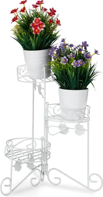 Produktbild von Relaxdays Blumenständer Metall, 3 Etagen, zum Klappen, dekorative Blumentreppe, vintage, innen & außen, H: 40 cm, weiß