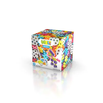 A cube-shaped box of Meli Basic Constructor building blocks, with a colorful pattern of the blocks printed on its sides. A small sample of the blocks is shown on the front of the box, forming a car and a robot.