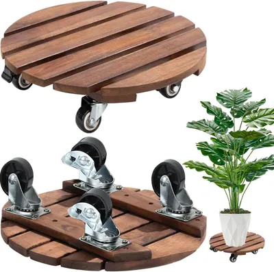 Obrázok produktu pre Podstavec pod kvetináč 30 cm, 2 ks, okrúhly, drevo, 360 stupňové kolieska, vonkajší