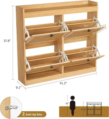 Immagine prodotto di Armadio per scarpe stretto - Scaffale per scarpe con 4 ante - Aspetto rattan - Ripiani interni regolabili - Autoportante - Adatto per ingresso e appartamento - 105 x 24 x 96 cm - Colore: kaki scuro