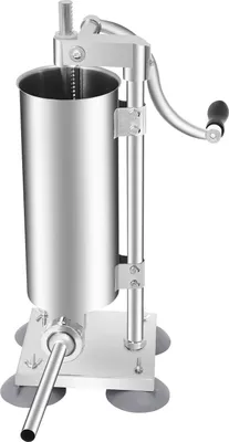 Produktbild von Manuelle Wurstfüllmaschine - Vertikaler Wurstfüller - 3 l / 2,7 kg Kapazität - Edelstahl - Handkurbel - 6 Füllrohre - Saugfüße - Silber