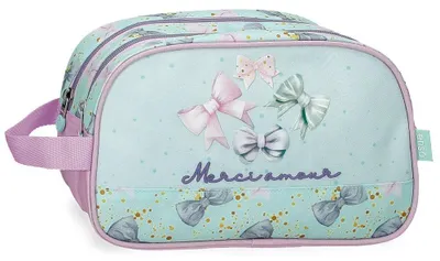 Imagen del producto de Estuche de aseo con dos compartimentos, de 26 x 16 x 10 cm, color verde, fabricado en poliéster, ideal para maquillaje