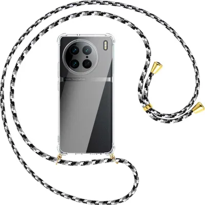 Produktbild von Handykette Backcover-Schutzhülle mit Band (Metall goldfarben) für vivo X90 Pro (V2242A, 6.78'') - schwarz/grau/weiß