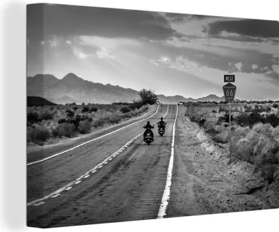 Produktbild von MuchoWow® - Leinwandbilder - Zwei Motorräder fahren auf der Route 66 - schwarz und weiß, Wandbild, Wanddeko Bilder Wohnzimmer, 120x80 cm