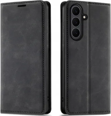 Productafbeelding van ETUI met klep voor Samsung S25 FE, zwart, van leer, met magnetische sluiting + beschermglas