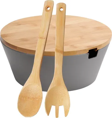 Zdjęcie produktu dla Miska na owoce i sałatki KESPER, plastikowa z bambusową pokrywką, szara, Ø 26 cm, wysokość: 11 cm 32600