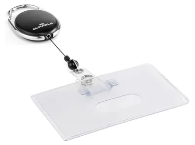 A black and silver retractable badge holder with a clear plastic card holder is shown against a white background.