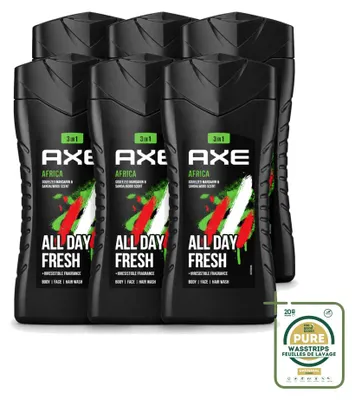 Immagine prodotto di 6 flaconi di gel doccia 3-in-1 Axe Africa, profumo mandarino e sandalo, 250 ml ciascuno, confezione risparmio da 6 pezzi