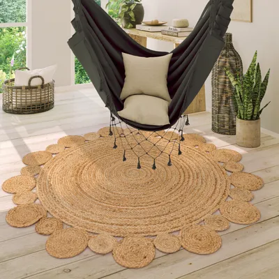 Produktbild von Teppich Rund Wohnzimmer Jute Boho Ethno Muster Modern Handgefertigt Naturteppich Grösse 80 cm Rund