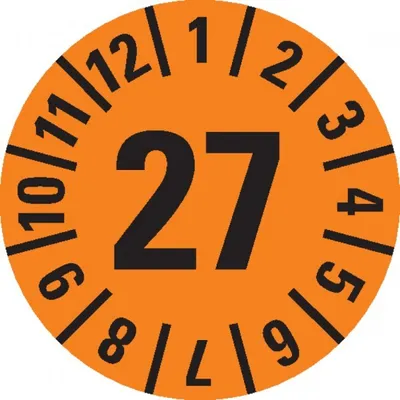 Produktbild von Dreifke® Prüfplakette 27, orange, Dokumentenfolie, selbstklebend, Ø 15mm, 420...