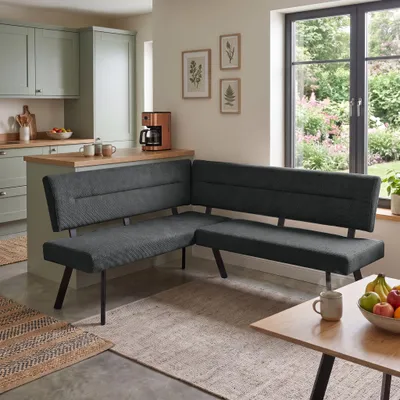 Obrázek produktu pro Kuchyňská rohová lavice ve tvaru L levá ZERRA Graphite Curio látka, čalouněná kuchyňská rohová lavice, rohová lavice do jídelny s kovovými nohami