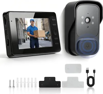 Obrázok produktu pre Videozvonček s kamerou – interkom s displejom – 10,9 cm displej – HD nočné videnie – vodotesný – bez SD karty – čierna farba