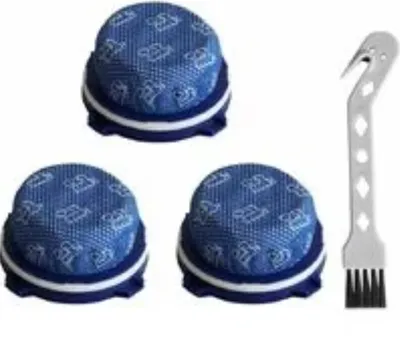 Three blue vacuum cleaner filters and a cleaning brush are arranged on a white background.
