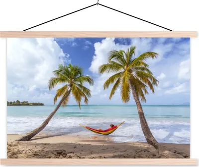 Produktbild von MuchoWow® Textilposter Strand - Palmen - Hängematte 60x40 cm mit holzfarbenen Rahmen - Bilder