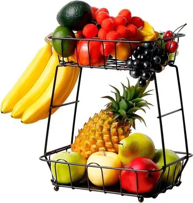Produktbild von Famanu Obstkorb 2-stufig mit Bananenhalter - schwarzes Obstregal - abnehmbare Obstschalen