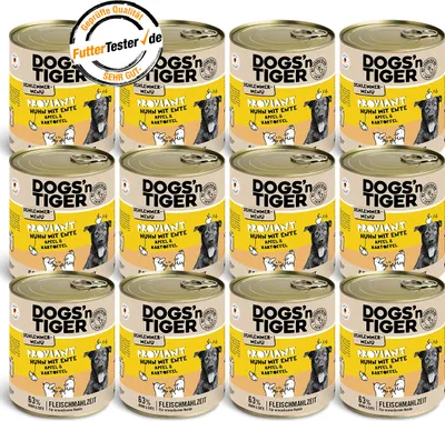 Produktbild von Dogs’n Tiger Adult Hundefutter, Proviant, Nassfutter, Getreidefrei, Huhn, Ente, Apfel & Kartoffel, 12x800g