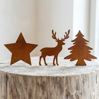 Produktbild von 3er-Set Beetstecker Tannenbaum, Stern & Hirsch – stimmungsvolle Gartendeko in Braun