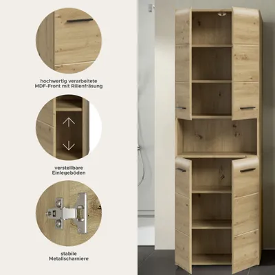 Produktbild von Ice Hochschrank Bad 4 Türen, 1 Regal Eiche Nachbildung.
