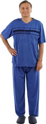 Produktbild von Pyjama Herren lang Schlafanzug Schlafkleidung Nachtwäsche, Farbe:Blau, Größe:L