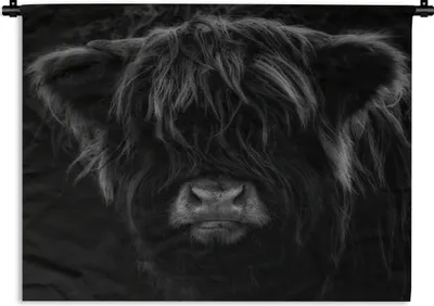 Produktbild von MuchoWow® Wandteppich Wandbehang Schottisches Hochlandrind - Kuh - Porträt - Tiere - Schwarz - Weiß 90x67.5 cm Tapisserie Dekoration Wandtuch - Fototeppich - Wand-Skulpturen
