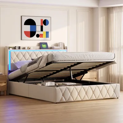 Produktbild von INONEFT Hydraulisches Polsterbett 160x200cm mit USB, Jugendbett Stauraumbett mit Led, Doppelbett mit Lattenrost, Samt, Beige