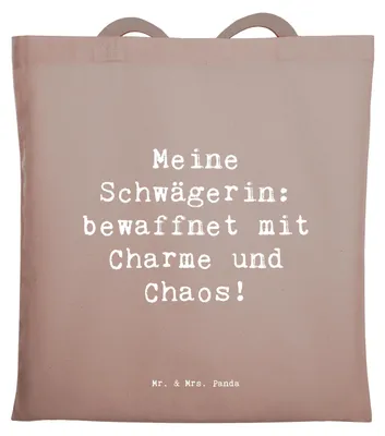 Produktbild von Mr. & Mrs. Panda Shopping Tasche Spruch Schwägerin Charmant Chaos - Braun Pastell - Geschenk, Schultasche, Freude, herzerwärmende Sprüche, Familie, Jutebeutel, Humor