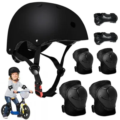 Productafbeelding van Beschermingsuitrusting voor kinderen, 7-in-1 set met helm, kniebeschermers, elleboogbeschermers, polsbeschermers, verstelbaar, zwart