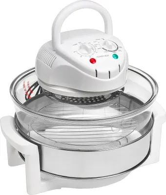 A white halogen oven with a glass bowl and a metal rack inside, shown against a white background.