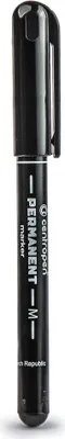 A black permanent marker with text and a logo on its body, set against a white background.