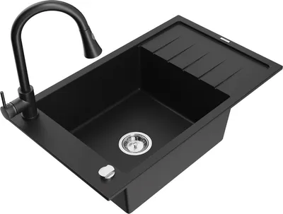 Produktbild von Mexen Elias 1 Becken-Granitspüle mit Abtropffläche und Mischbatterie Elia, Schwarz - 6511-77-670101-70