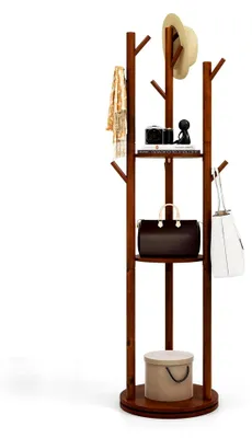 Produktbild von Drehbarer Garderobenständer aus Holz mit 9 Haken und 3 Ablagen für Mäntel, Hüte, Taschen und Schals, geeignet für Eingänge, Schlafzimmer, Flure und Büros, Walnuss