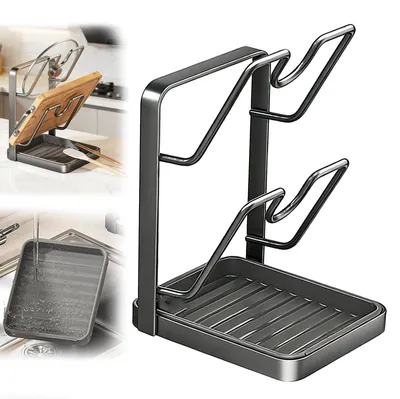 Image de Porte-couvercles, rangement pour couvercles de casseroles, porte-couvercles avec support pour cuillères, étagère de rangement 2-en-1 pour couvercles de casseroles, pour couvercles de 16 à 34 cm