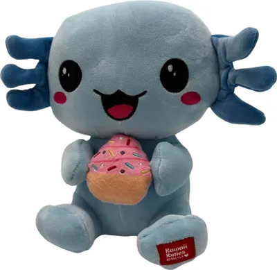 A blue axolotl plush toy holding a cupcake.
