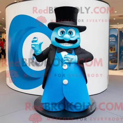 Produktbild von Maskottchen REDBROKOLY eines cyanfarbenen Zirkusdirektors mit Anzug und Manschettenknöpfen