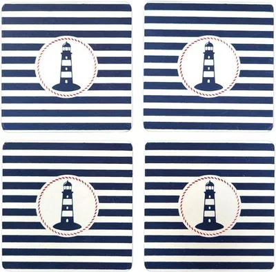 Obrázok produktu pre Sada drevených podložiek s námorným motívom, balenie po 4 ks, 9 x 9 cm, sklo, modrá a biela