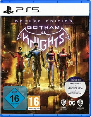 The image shows the front cover of a video game case for Gotham Knights Deluxe Edition on PS5.