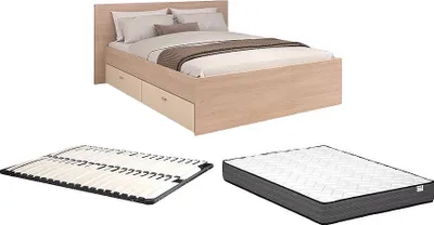 Produktbild von Bett mit 2 Schubladen – 140 x 190 cm + Lattenrost + Matratze – Natur & Beige – VELONA